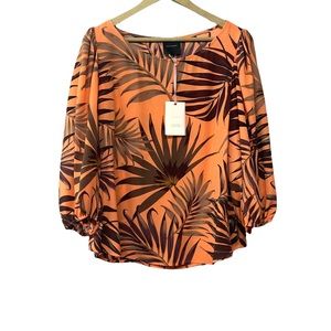 Alex Marie Orange Tropical Print Blouse xl career business casual